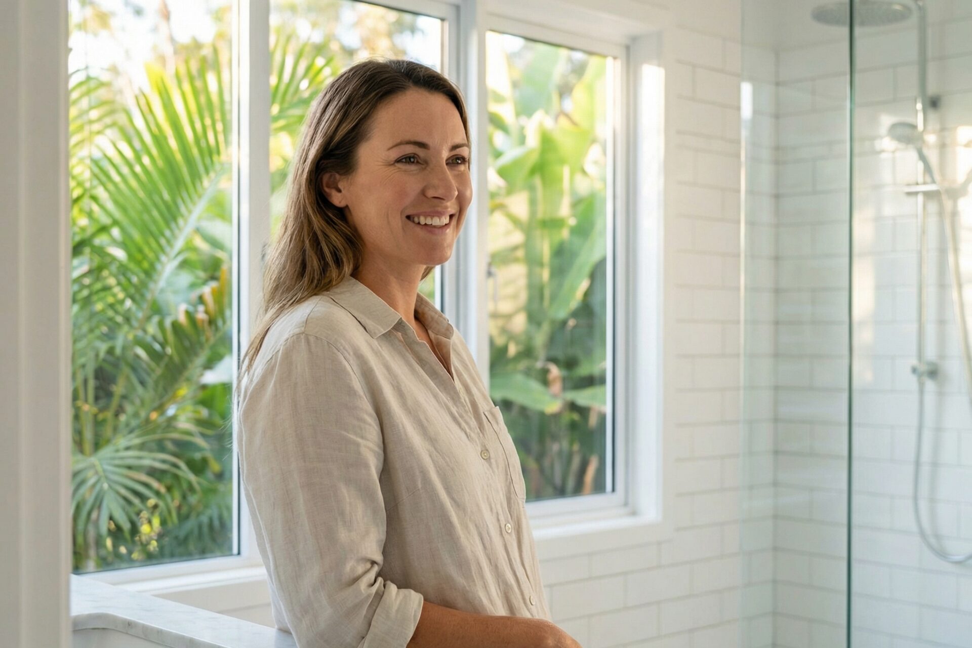 Smiling woman in a modern bathroom with plants