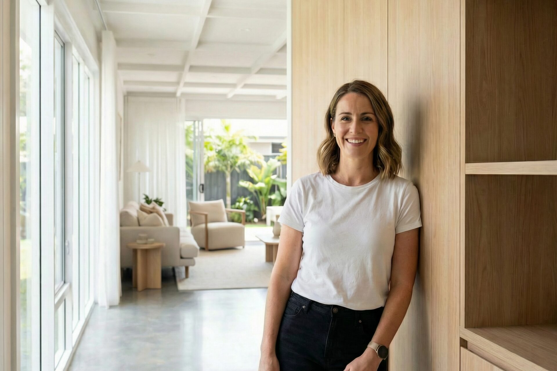 Smiling woman in modern, bright living room